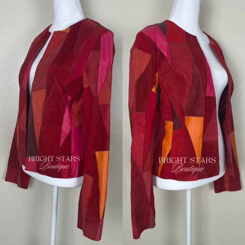 Rare Vintage Patchwork Leather Jacket ASO Phoebe Halliwell Charmed Small 6 Red - Picture 7 of 12